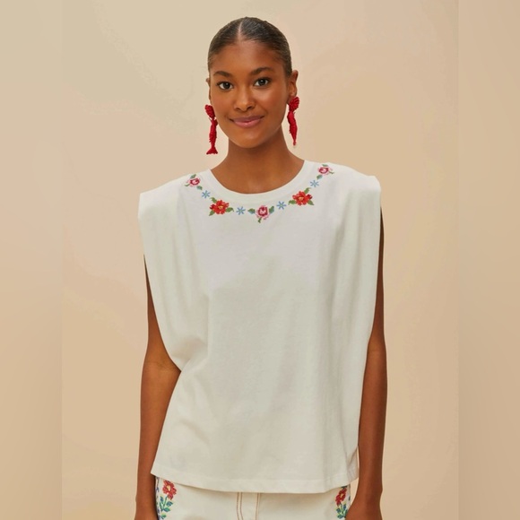 FARM Rio Cross Stitch Flowers Off-White T Shirt NWT - Picture 3 of 7